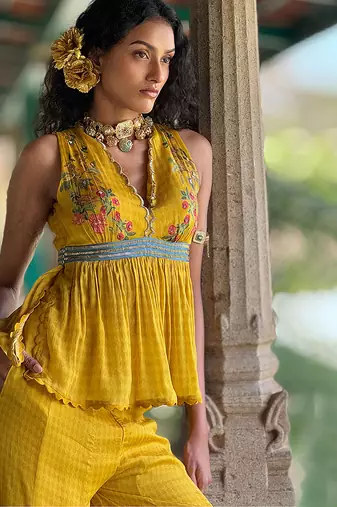 Yellow printed chiffon co ord set
