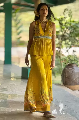 Yellow printed chiffon co ord set