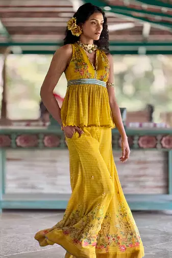 Yellow printed chiffon co ord set