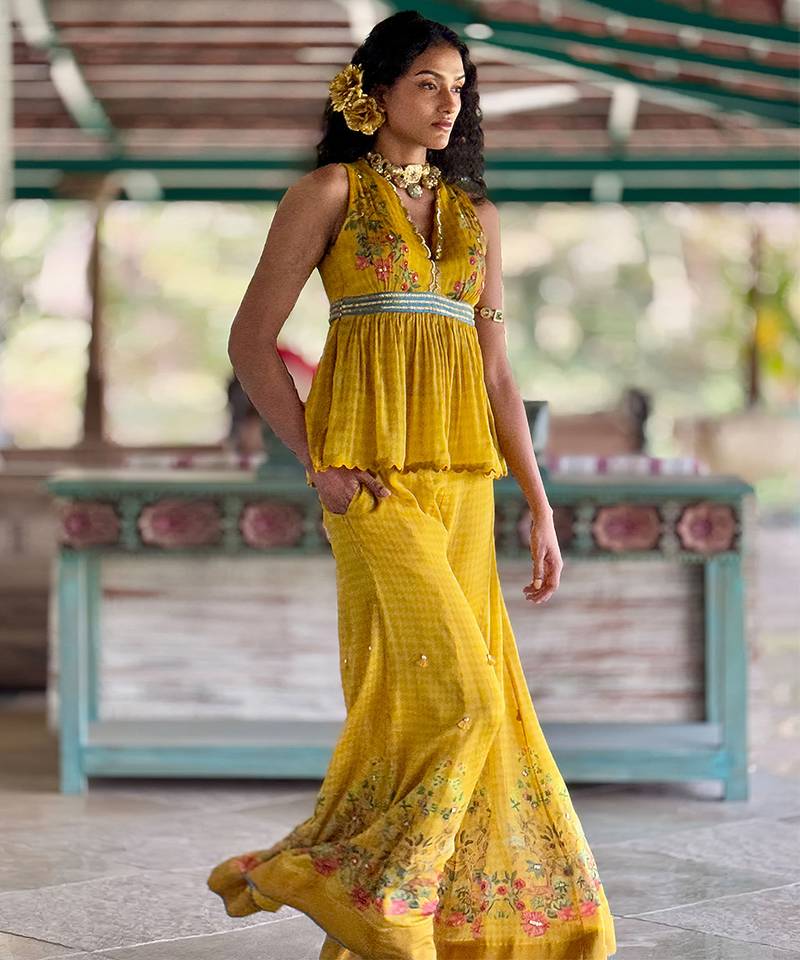 Yellow printed chiffon co ord set