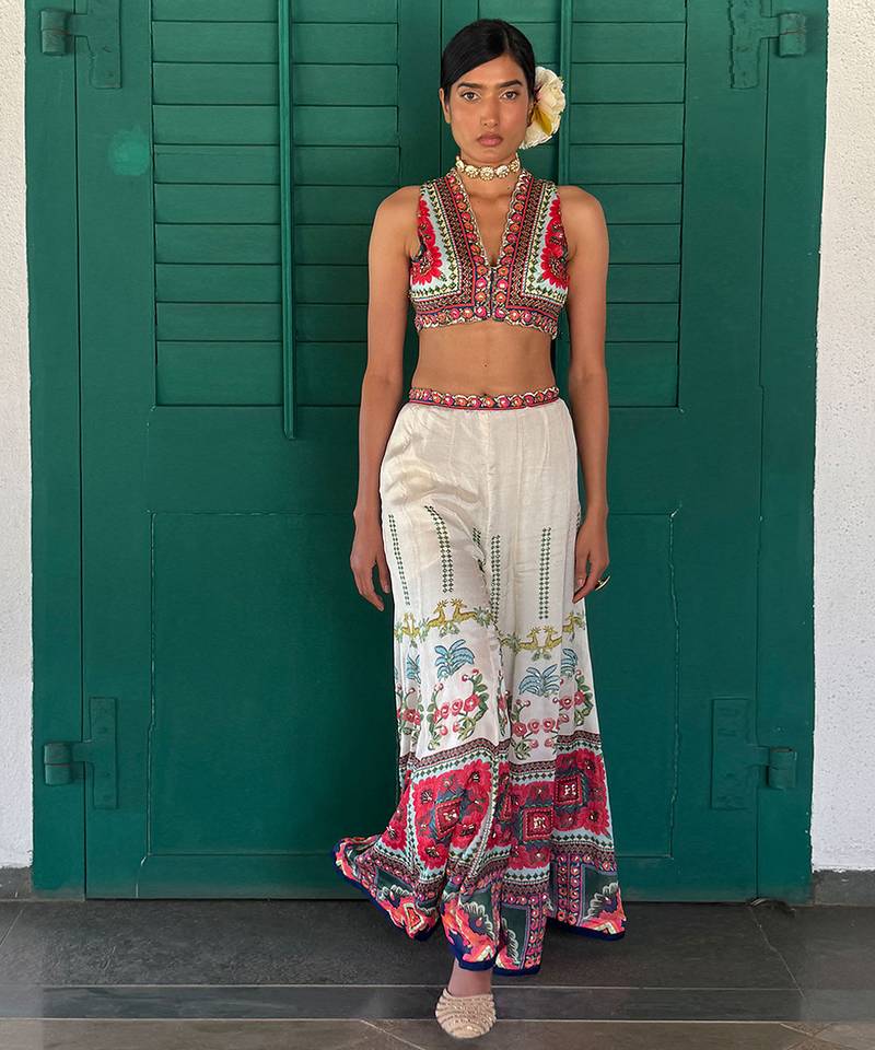 Off-white embroidered chiffon co ord set