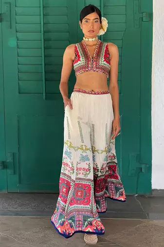 Off-white embroidered chiffon co ord set