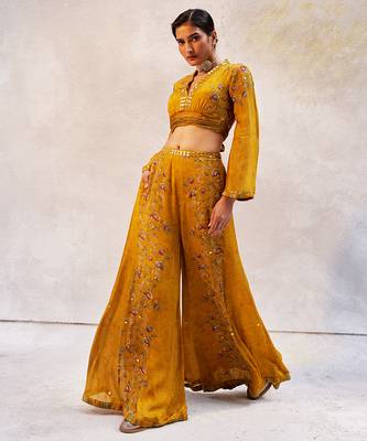 Yellow printed chiffon co ord set 1