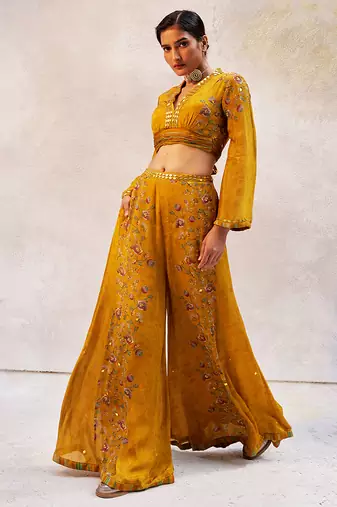 Yellow printed chiffon co ord set