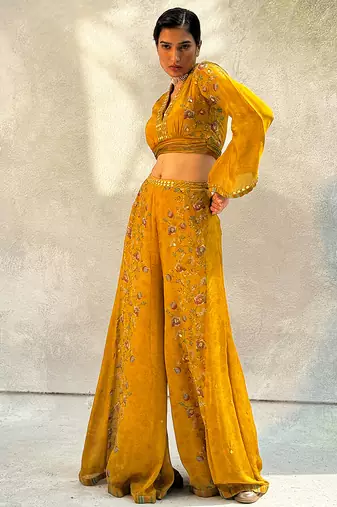 Yellow printed chiffon co ord set