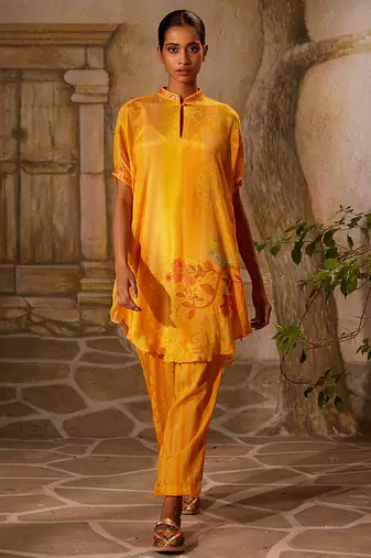 Yellow printed chiffon co ord set