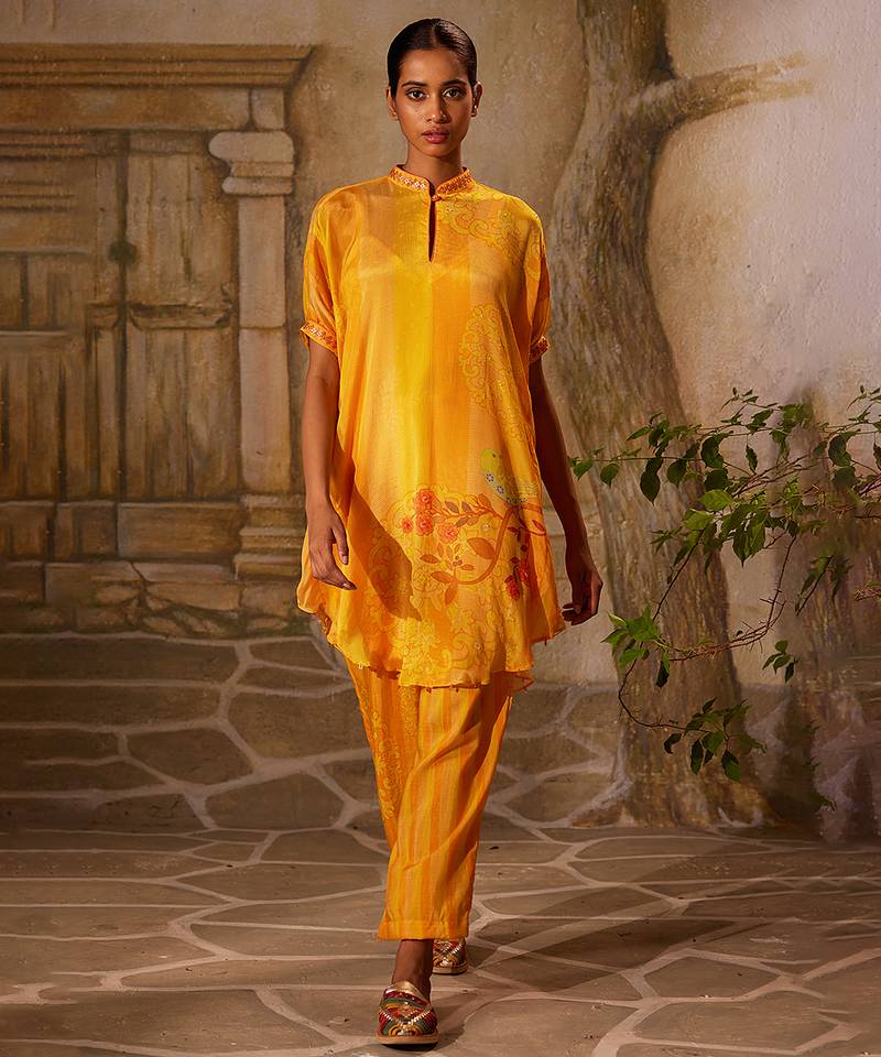 Yellow printed chiffon co ord set