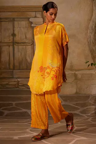 Yellow printed chiffon co ord set