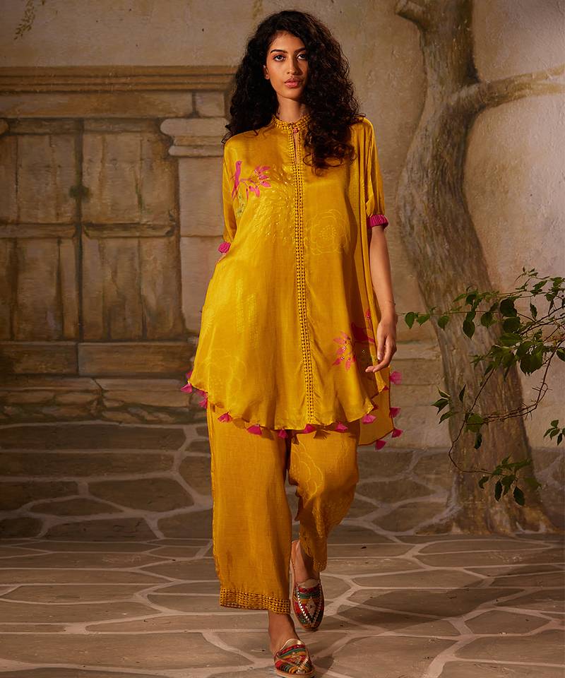 Yellow printed chiffon co ord set