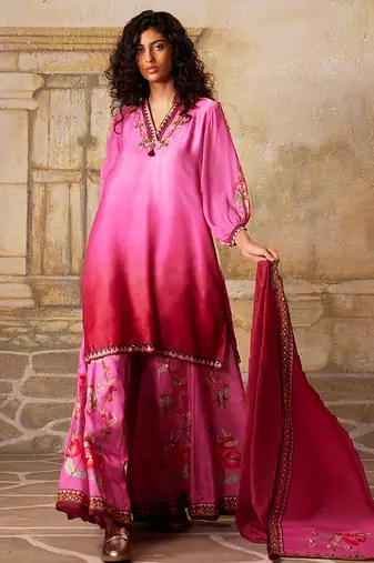 Pink embroidered satin sharara set