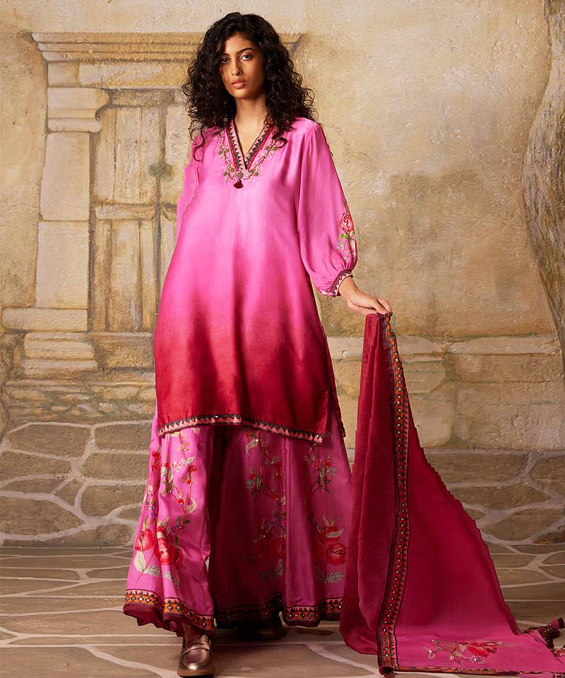 Pink embroidered satin sharara set