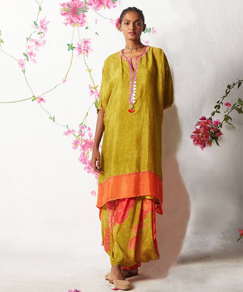 Green embroidered chiffon kurta set