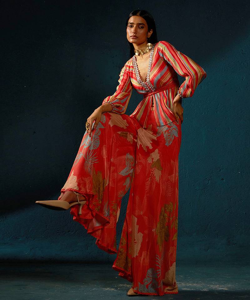 Orange peach printed chiffon co ord set