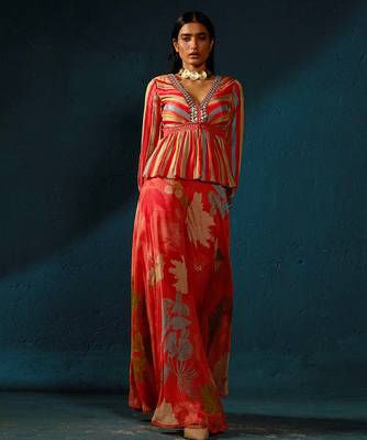 Orange peach printed chiffon co ord set 1