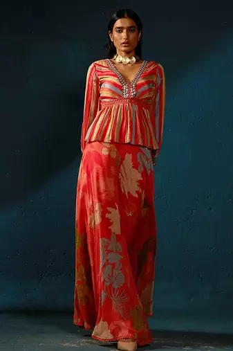 Orange peach printed chiffon co ord set