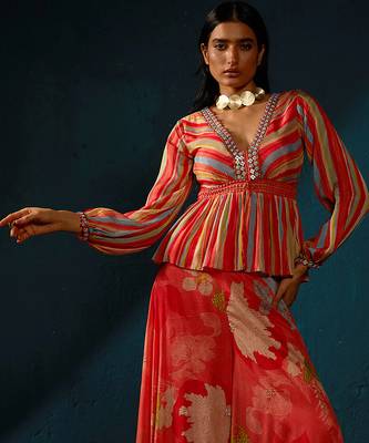 Orange peach printed chiffon co ord set 3