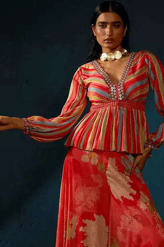 Orange peach printed chiffon co ord set