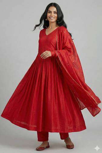 Red chanderi cotton hand work gown with pant, fully stitched ethnic wear