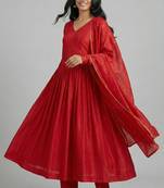 Red chanderi cotton hand work gown with pant, fully stitched ethnic wear