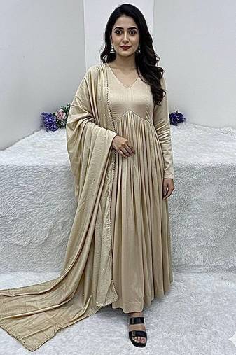 Beige chanderi cotton hand work gown with pant, fully stitched ethnic wear