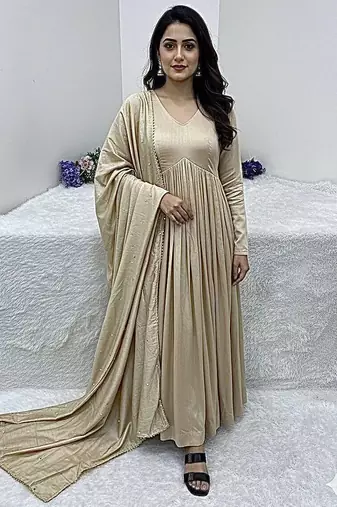 Beige chanderi cotton hand work gown with pant, fully stitched ethnic wear