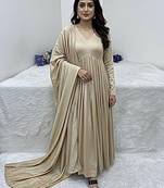 Beige chanderi cotton hand work gown with pant, fully stitched ethnic wear