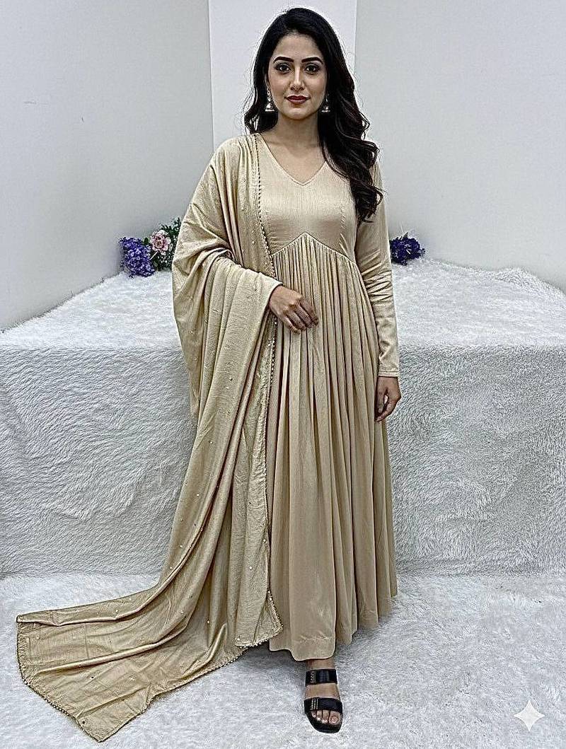 Beige chanderi cotton hand work gown with pant, fully stitched ethnic wear