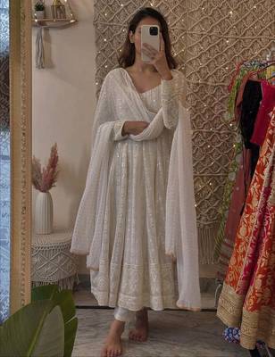 White embroidered faux blooming gown set with dupatta, full stitched, zari & sequin work 1