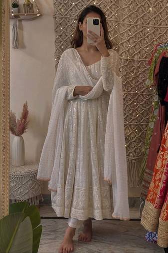 White embroidered faux blooming gown set with dupatta, full stitched, zari & sequin work