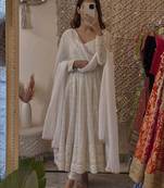 White embroidered faux blooming gown set with dupatta, full stitched, zari & sequin work