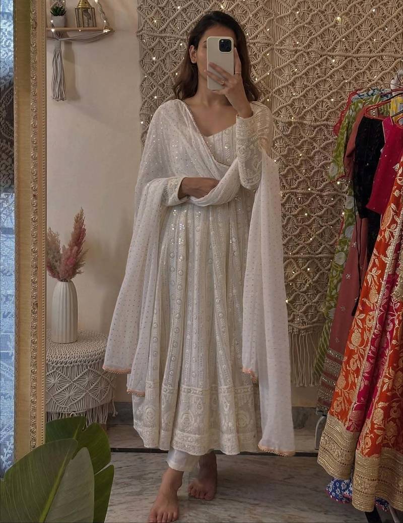 White embroidered faux blooming gown set with dupatta, full stitched, zari & sequin work