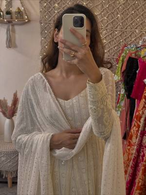 White embroidered faux blooming gown set with dupatta, full stitched, zari & sequin work 3