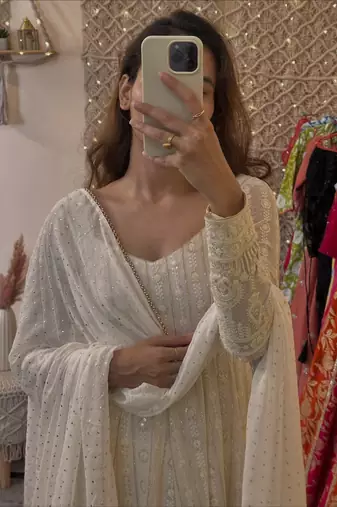 White embroidered faux blooming gown set with dupatta, full stitched, zari & sequin work