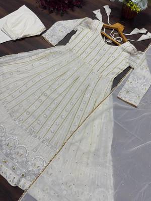 White embroidered faux blooming gown set with dupatta, full stitched, zari & sequin work 4