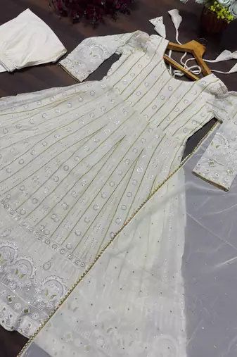 White embroidered faux blooming gown set with dupatta, full stitched, zari & sequin work