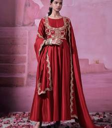 Red embroidered chinon silk gown set with koti, full stitched, flared style, dupatta included