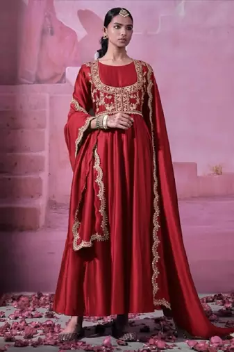 Red embroidered chinon silk gown set with koti, full stitched, flared style, dupatta included