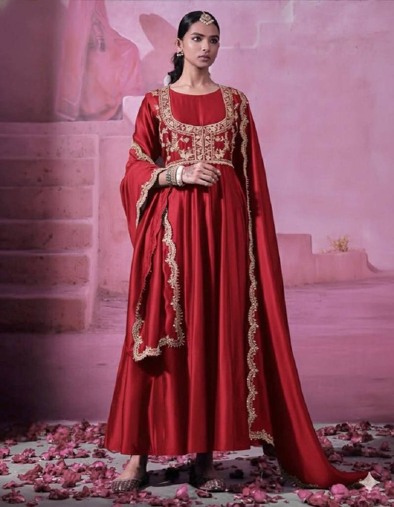 Red embroidered chinon silk gown set with koti, full stitched, flared style, dupatta included