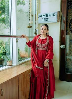 Red embroidered chinon silk gown set with koti, full stitched, flared style, dupatta included 3