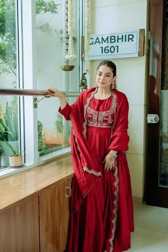 Red embroidered chinon silk gown set with koti, full stitched, flared style, dupatta included