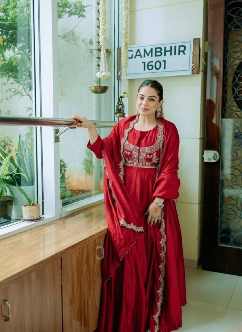 Red embroidered chinon silk gown set with koti, full stitched, flared style, dupatta included