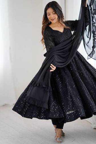 Black designer fox georgette anarkali suit with lucknowi thread work & dupatta