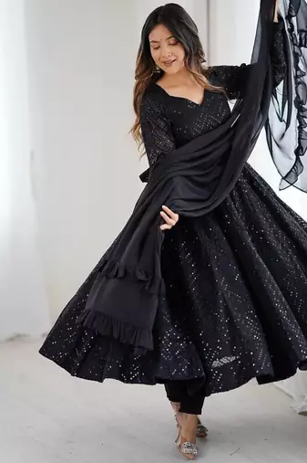 Black designer fox georgette anarkali suit with lucknowi thread work & dupatta
