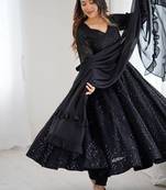 Black designer fox georgette anarkali suit with lucknowi thread work & dupatta