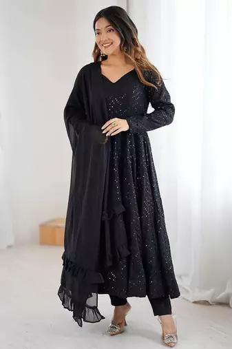 Black designer fox georgette anarkali suit with lucknowi thread work & dupatta