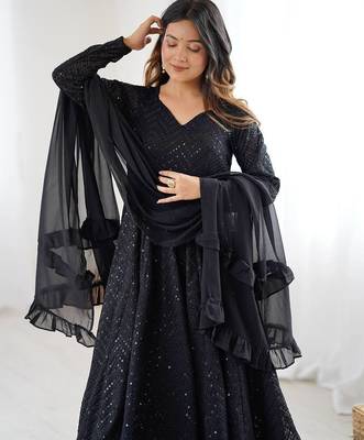 Black designer fox georgette anarkali suit with lucknowi thread work & dupatta 3