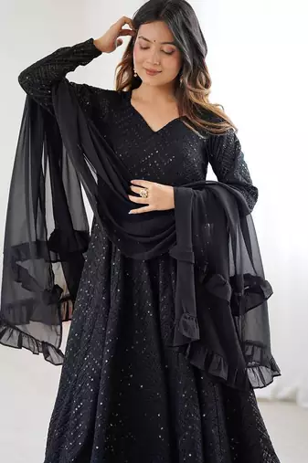 Black designer fox georgette anarkali suit with lucknowi thread work & dupatta