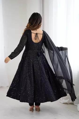 Black designer fox georgette anarkali suit with lucknowi thread work & dupatta
