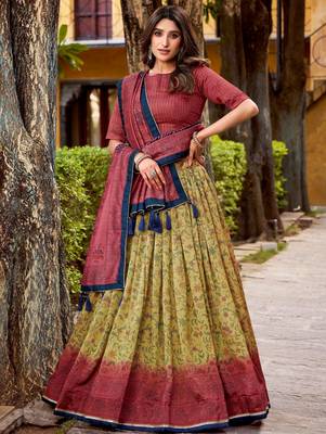 yellow digital printed silk lehenga set choli with dupatta 1
