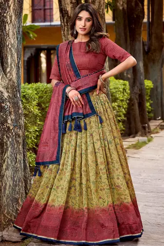 yellow digital printed silk lehenga set choli with dupatta